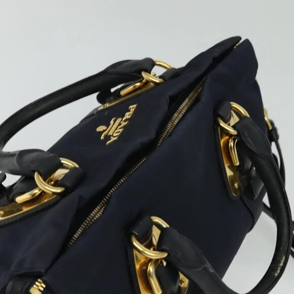 PRADA Tote Bag Nylon 2way Navy Gold Auth PP893 - Picture 7 of 16